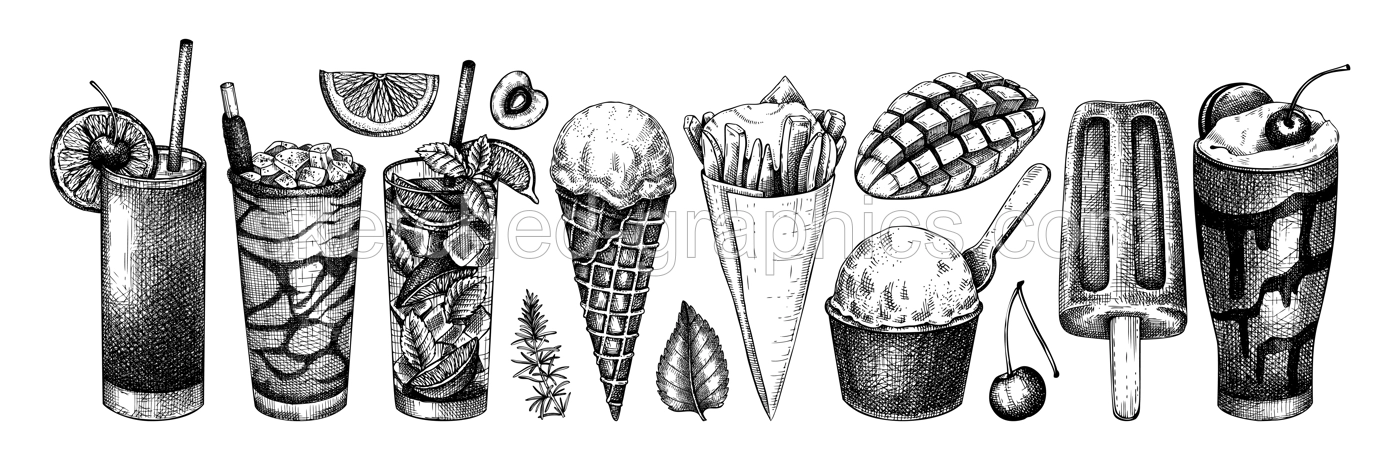 Summer party menu elements. Non-alcoholic beverage, mocktail, ice cream, fruit, cocktail sketches. Hand drawn vector illustration. Tropical design elements. Mojito, milkshake, mangonada, Pina Colada Illustration